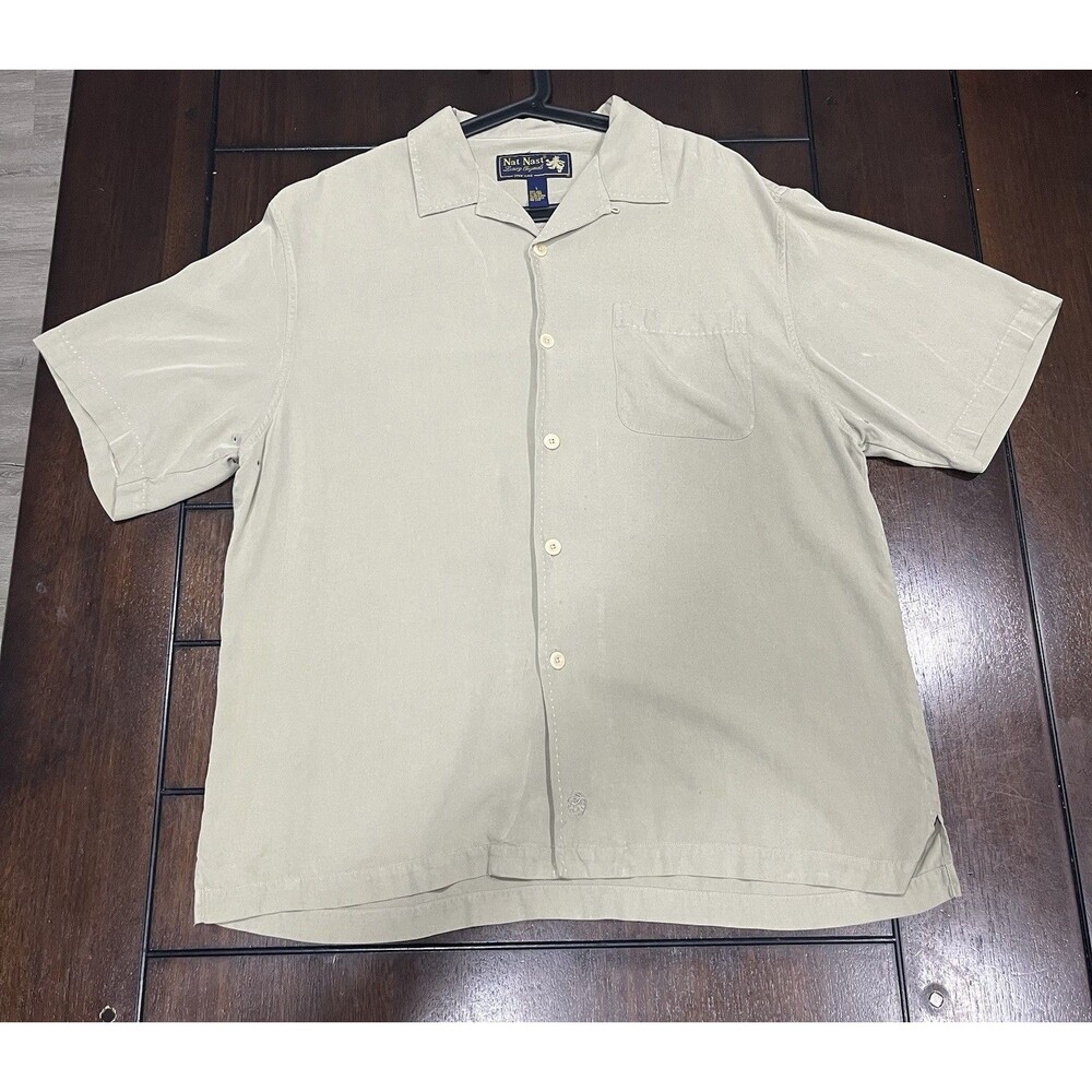 Nat Nast Luxury Originals Button Up Men's 100% Silk Camp Shirt Beige Size L
